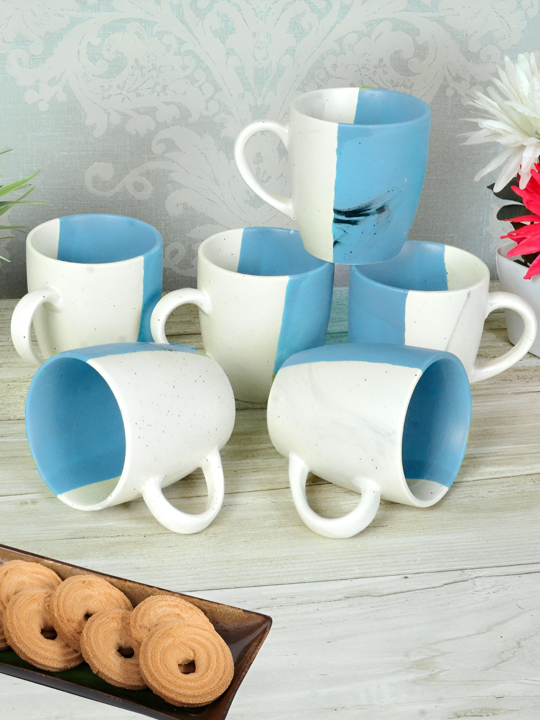 

FABINALIV Set of 6 Blue & White Printed Ceramics Matte Cups