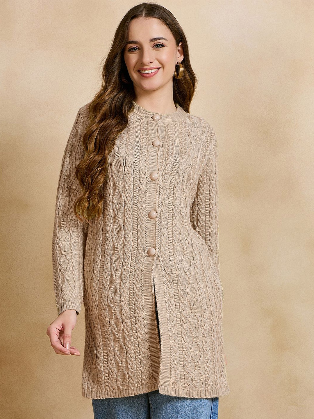 

CLAPTON Women Cable Knit Woollen Longline Cardigan, Beige