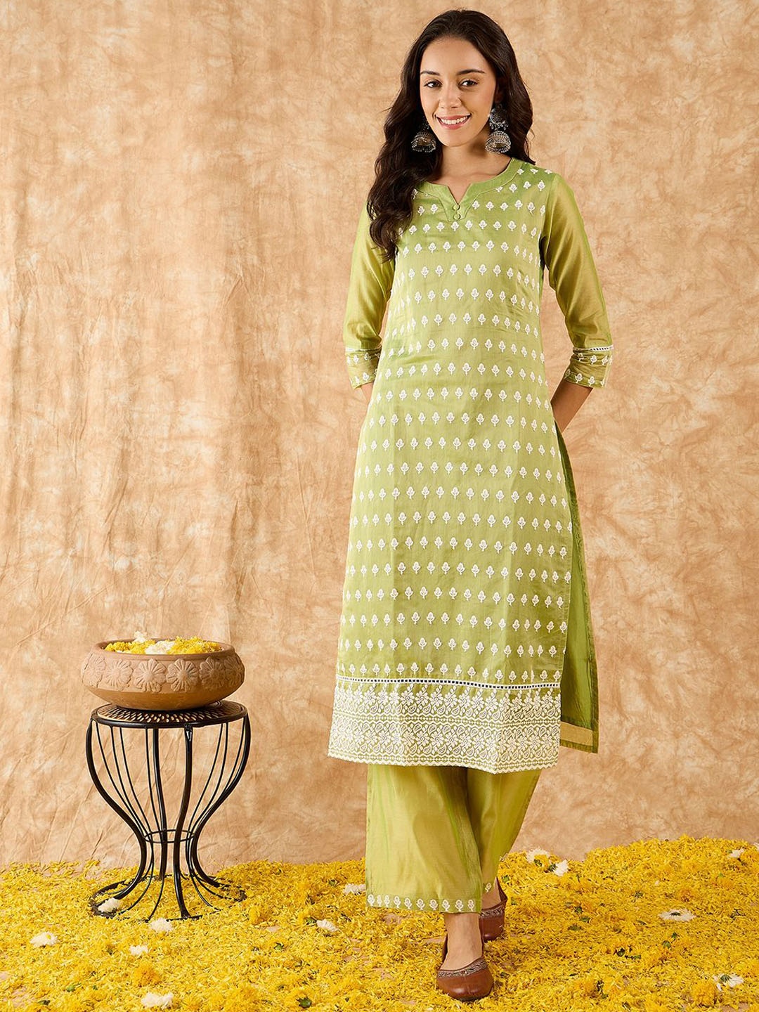 

Indo Era Ethnic Motifs Embroidered Straight Thread Work Kurta with Palazzos, Green
