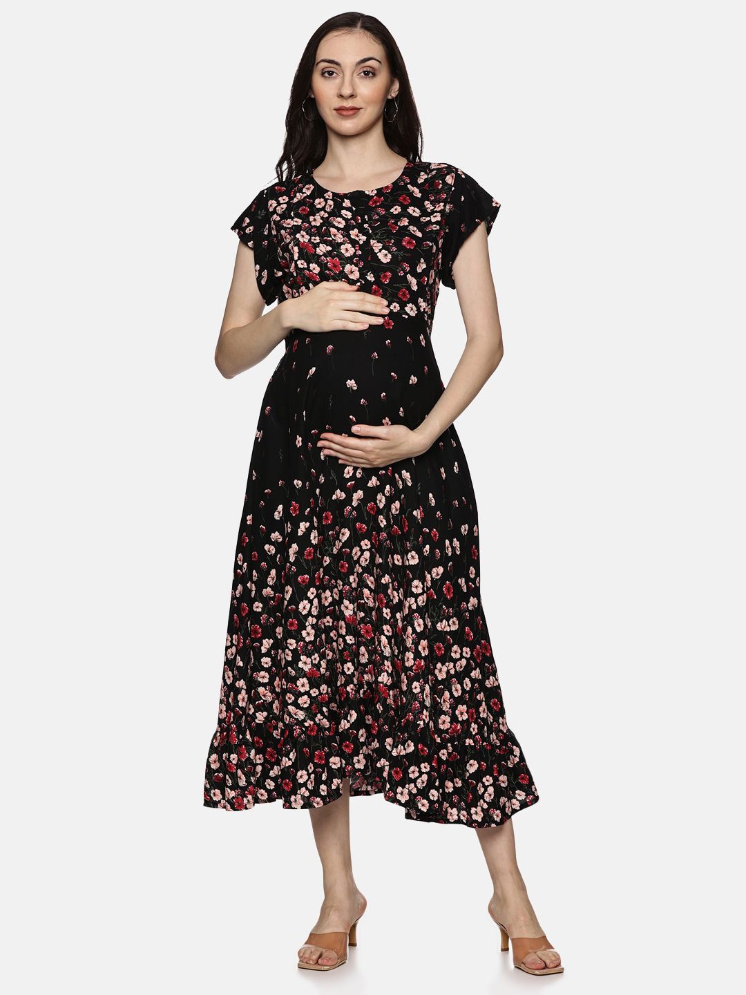 

Nejo Women's Floral Print Maternity A-Line Dress, Black