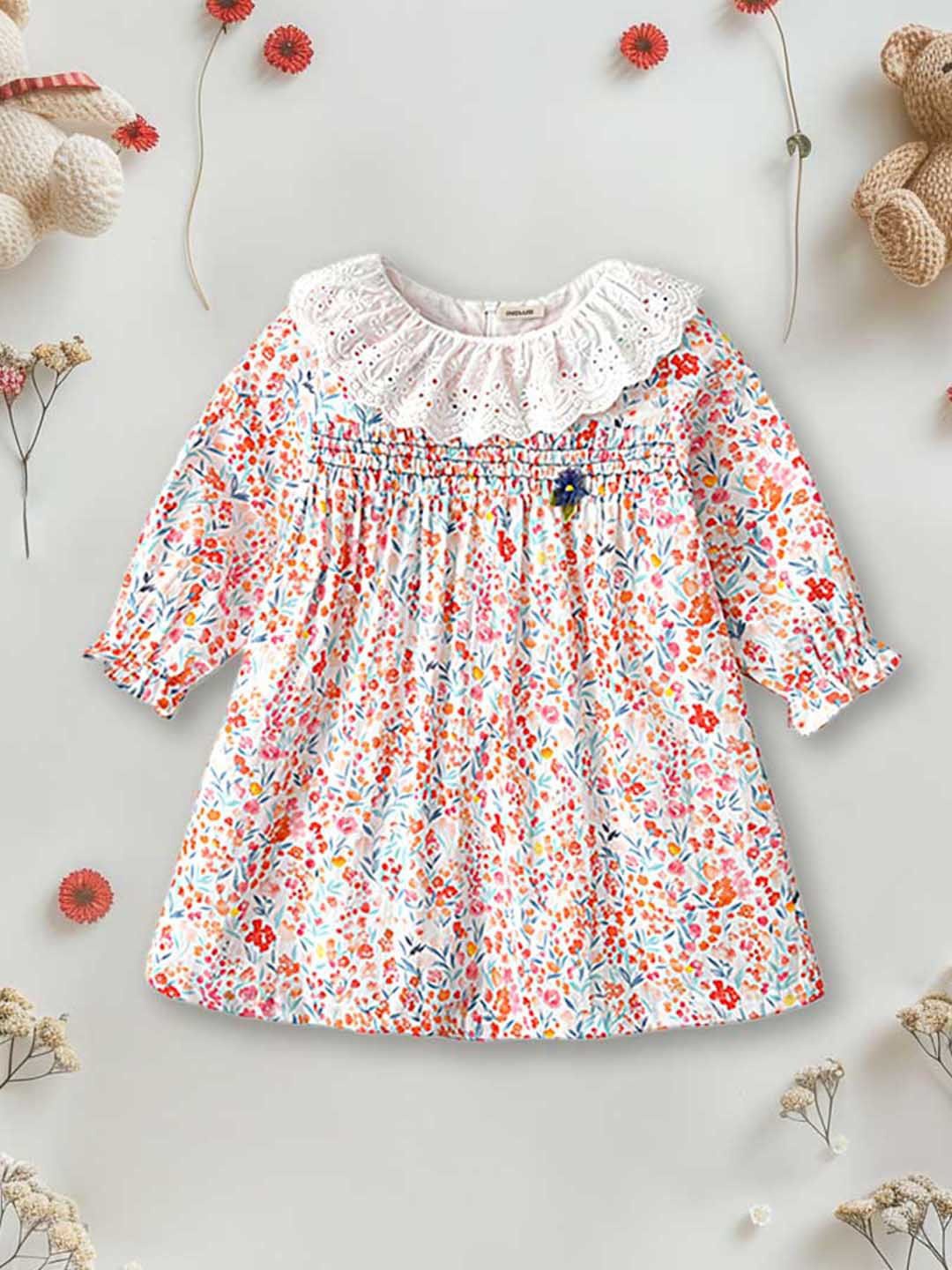 

INCLUD Girls Floral Printed Puff Sleeve A-Line Dress, Off white