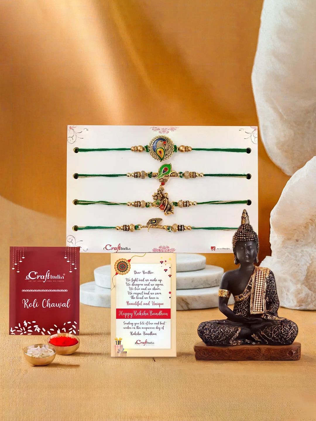 

eCraftIndia Set Of 4 Rakhi Polyresin Meditating Buddha Statue & Roli Chawal, Gold