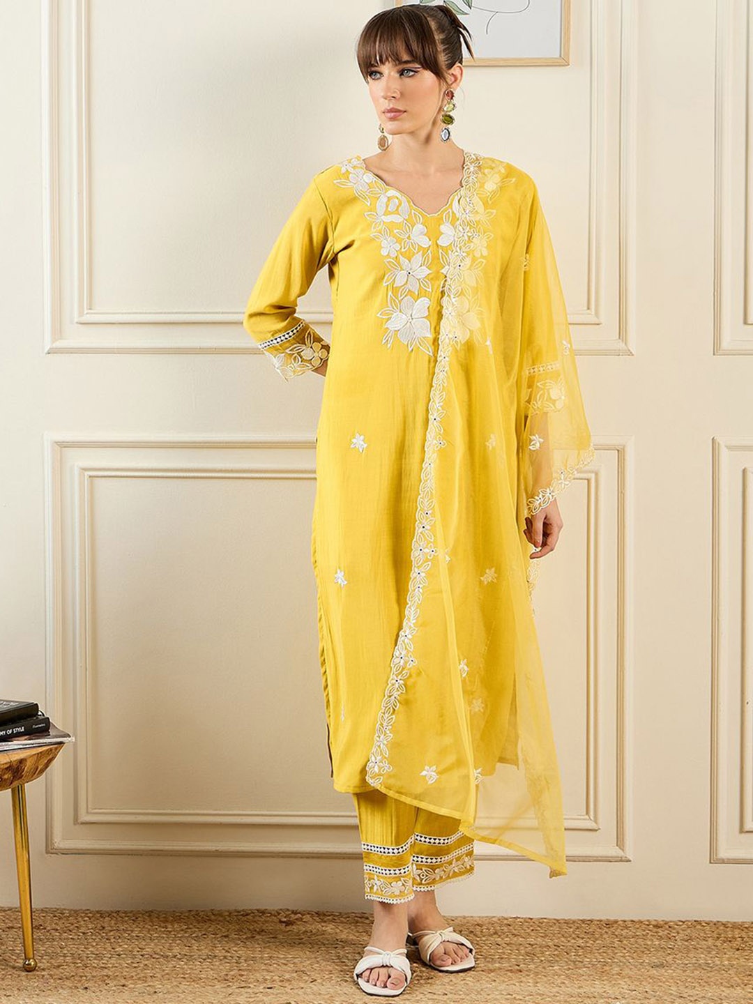 

Indo Era Floral Embroidered V-Neck Thread Work Straight Kurta With Trousers & Dupatta, Yellow