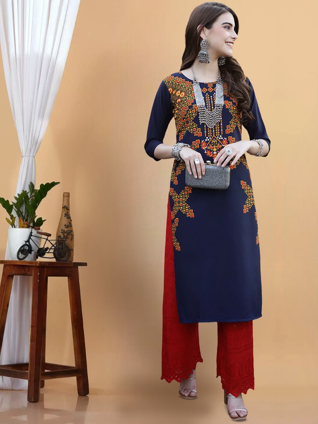 

7Threads Ethnic Motifs Printed Round Neck Straight Kurta, Navy blue