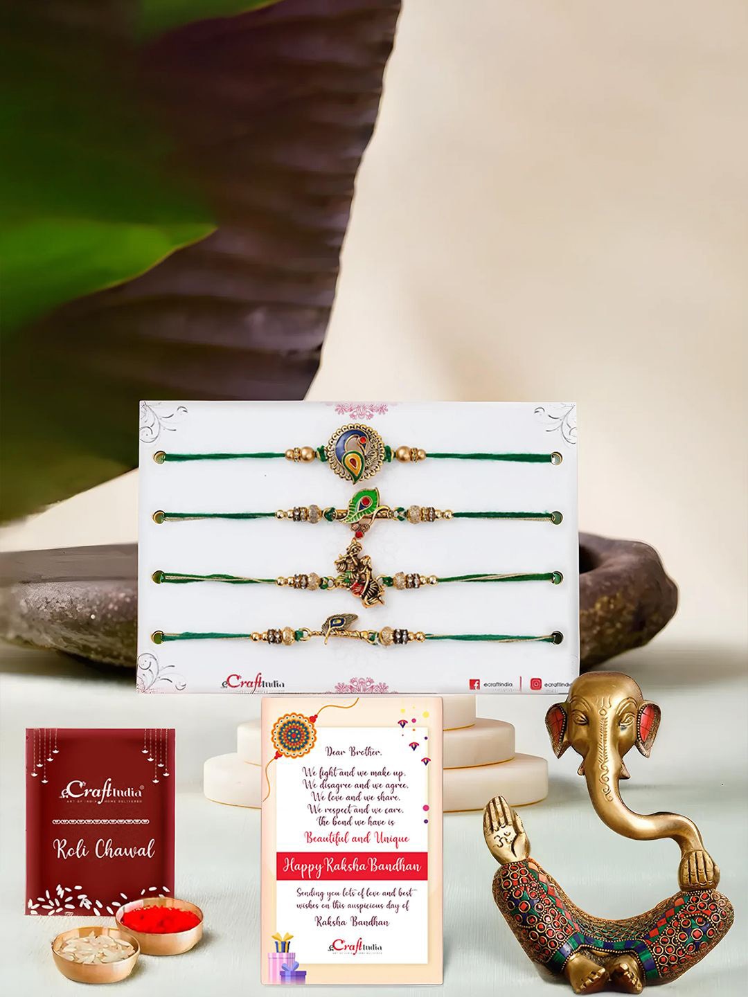 

eCraftIndia Set Of 5 Rakhi Lord Ganesha Idol Gift Set, Gold