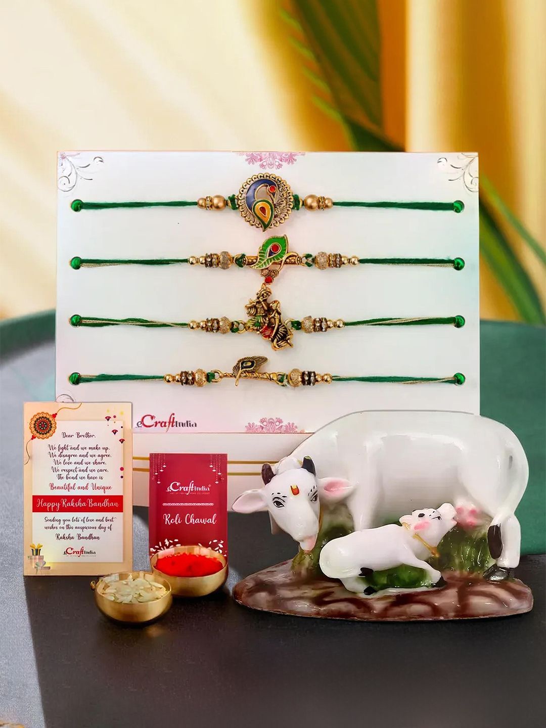 

eCraftIndia Set of 5 Beaded Rakhis With Cow & Calf Statue, Gold