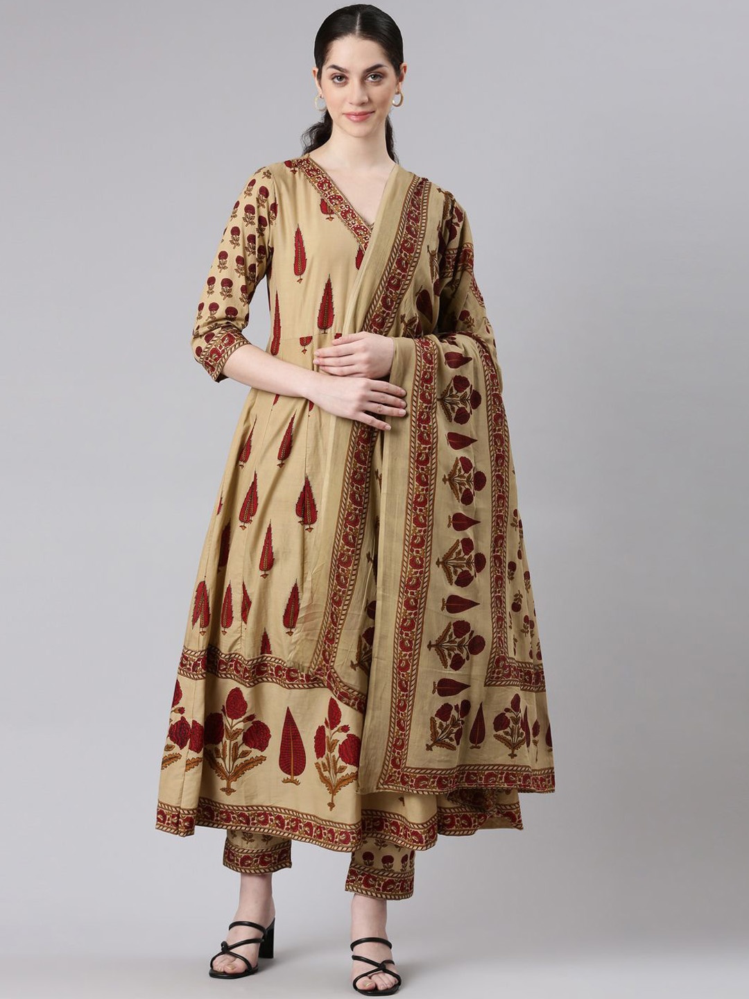 

Neerus Floral Printed Anarkali Kurta with Trousers & With Dupatta, Beige