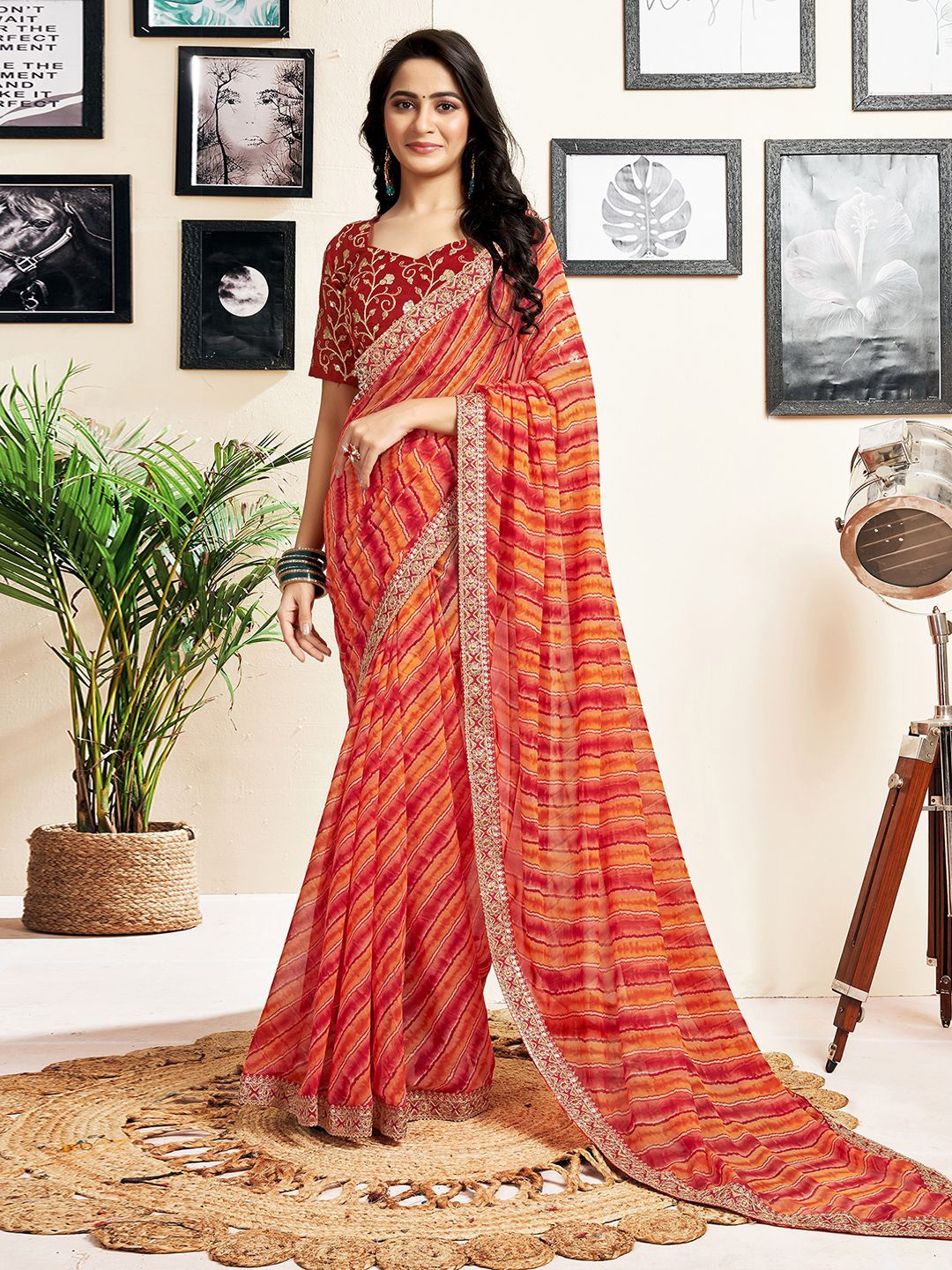 

Mitera Leheriya Sequinned Pure Georgette Leheriya Saree, Red