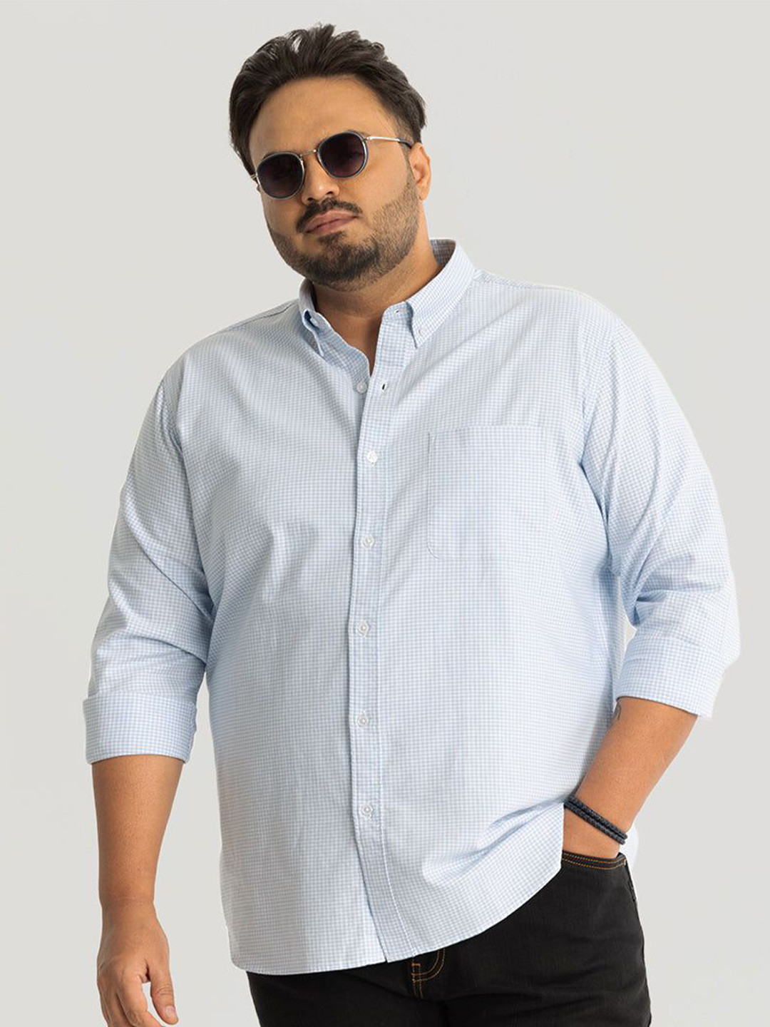 

Snitch Men Plus Size Relaxed Button-Down Collar Micro Checked Cotton Casual Shirt, Blue