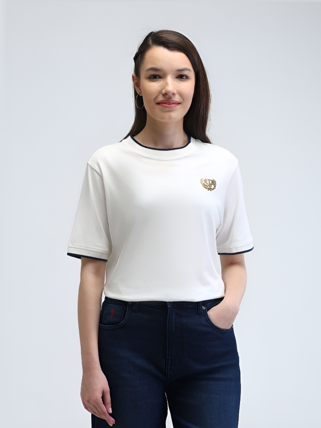 

U.S. Polo Assn. Women Women Drop-Shoulder Sleeves Pure Cotton Applique Boxy T-shirt, White