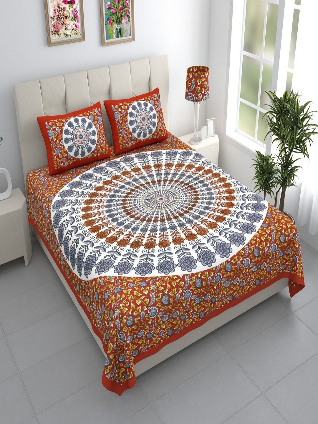 

Aura Red & Blue Floral 144 TC King Bedsheet with 2 Pillow Covers