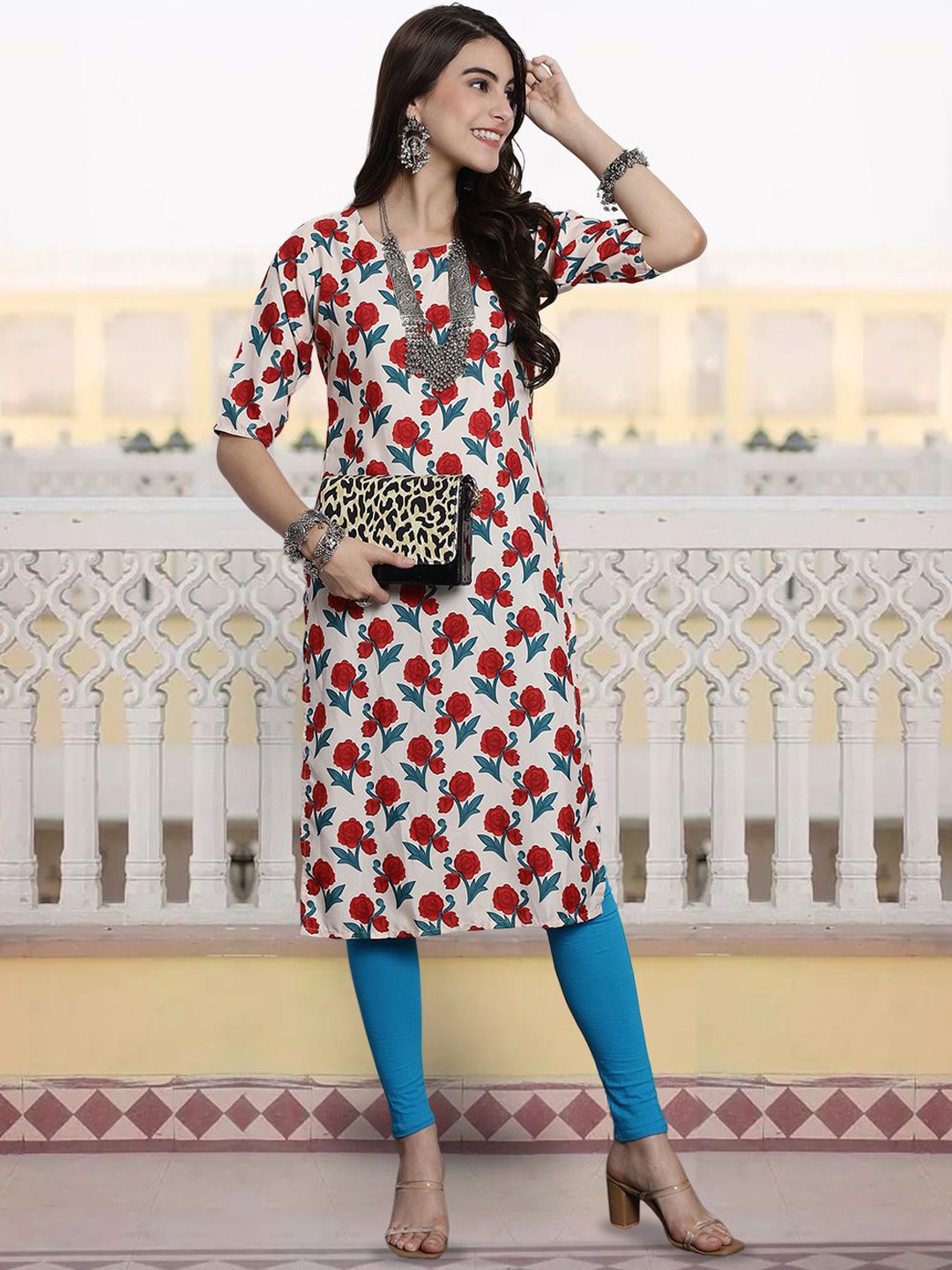 

7Threads Floral Printed Round Neck Straight Kurta, White