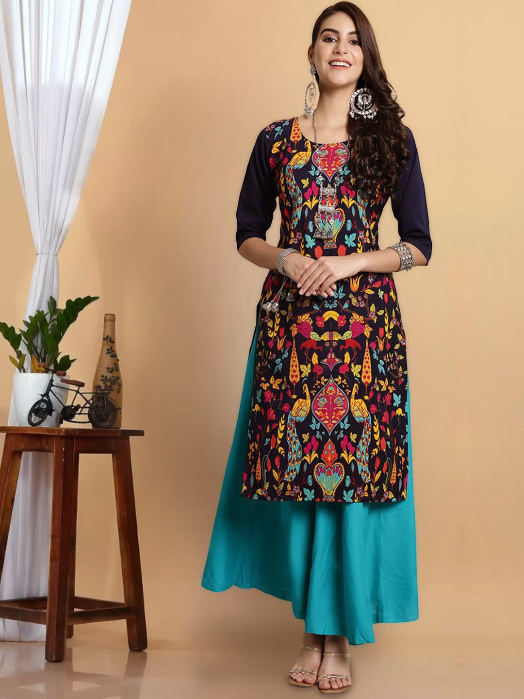

7Threads Floral Printed Round Neck Straight Kurta, Navy blue