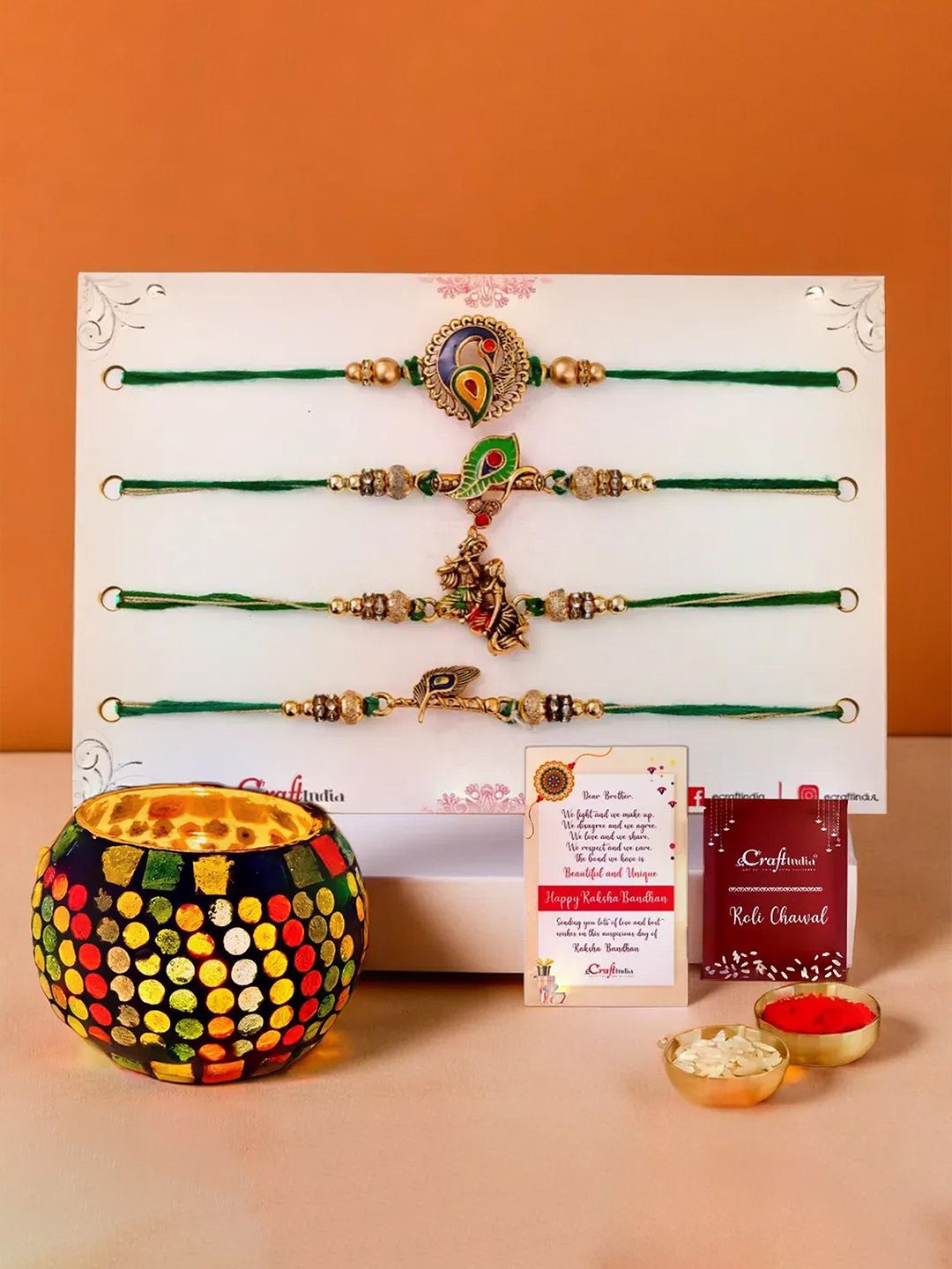 

eCraftIndia Set Of 4 Rakhis With Mosaic Glass T-Light Candle Holder With Roli Chawal, Green