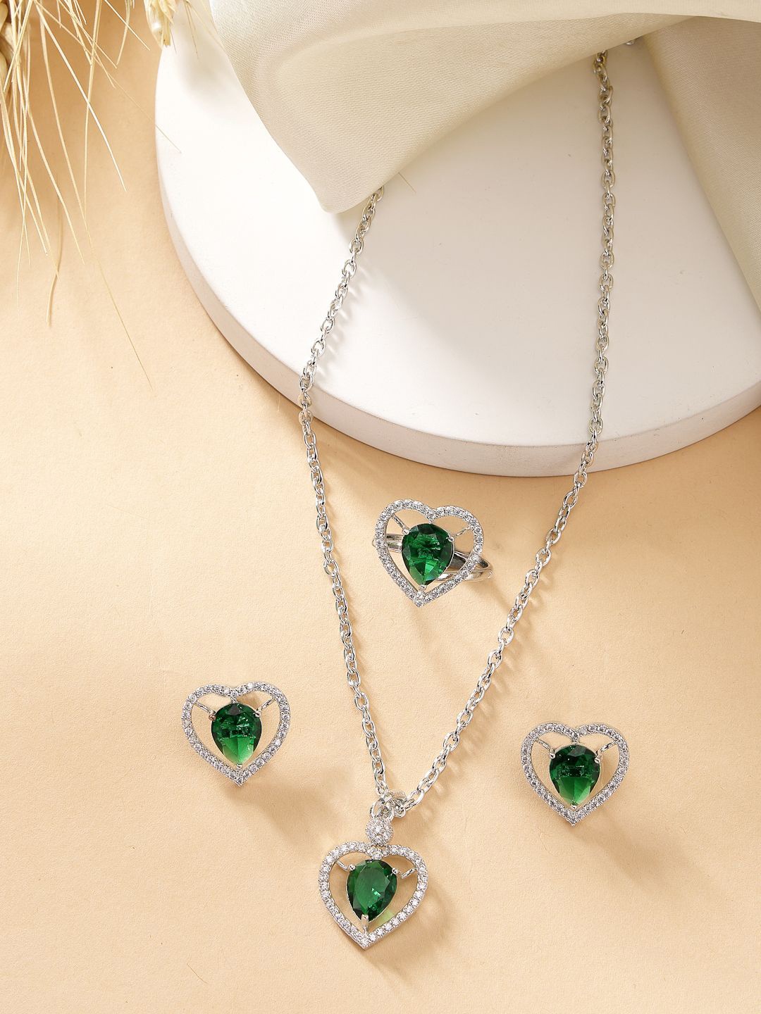 

ZENEME Silver-Plated American Diamond Studded Crystal Heart Necklace and Earrings