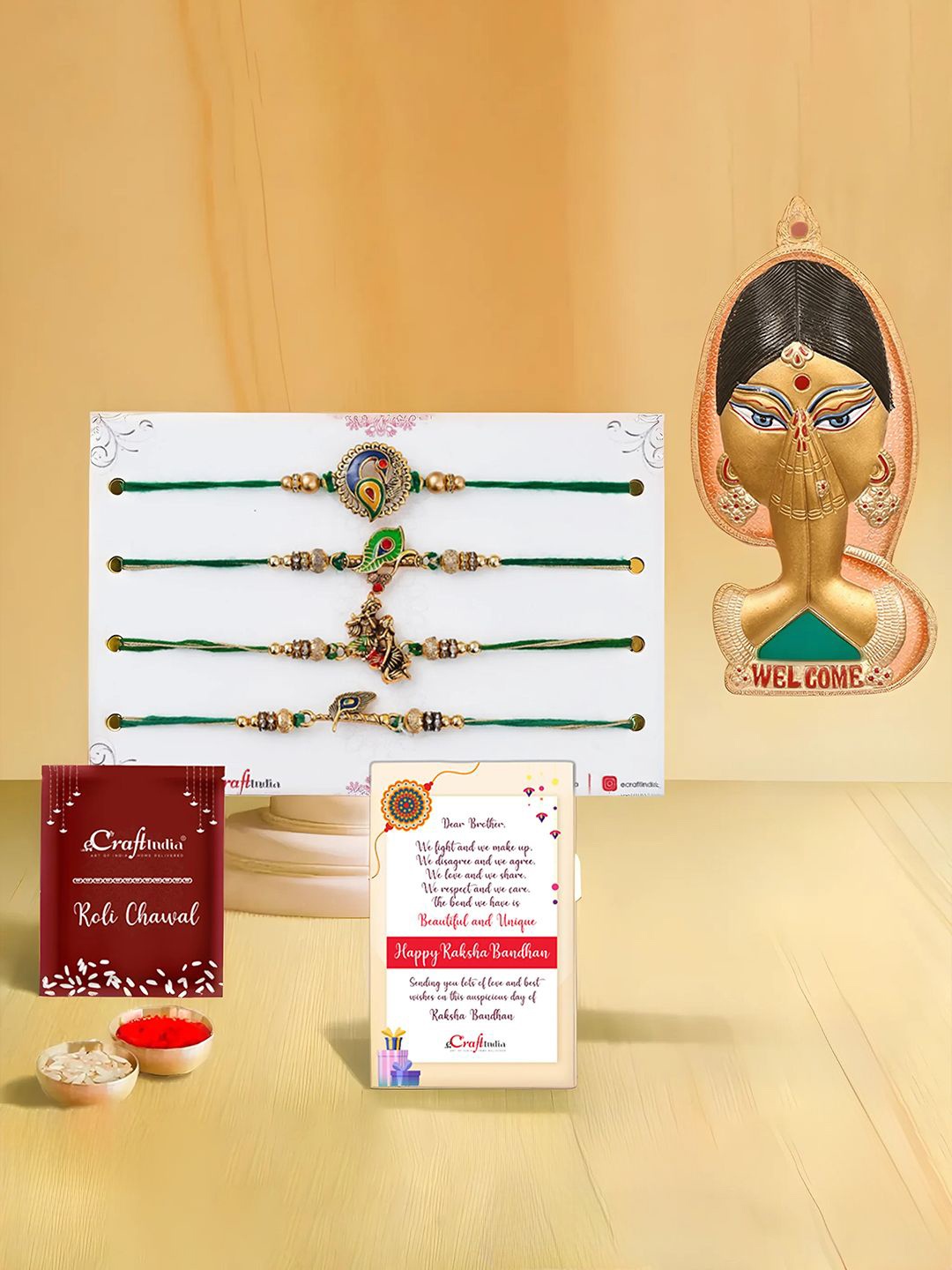 

eCraftIndia Set Of 5 Rakhi With Wall Hanging Gift Set, Gold