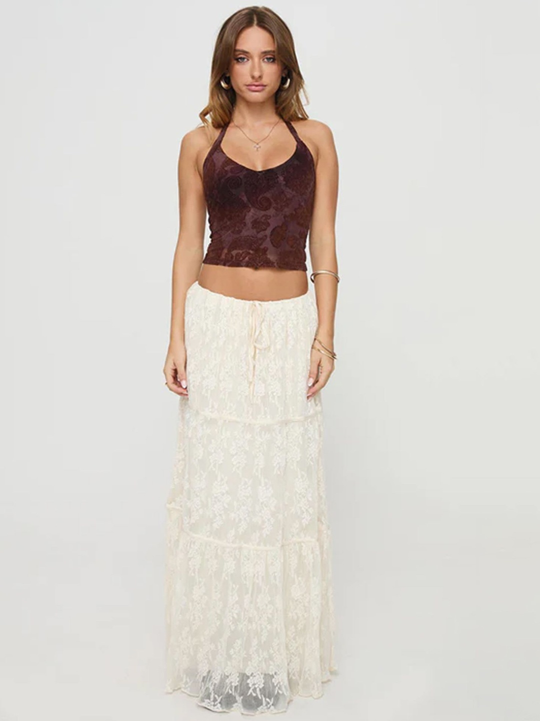 

LULU & SKY Women A-Line Flared Maxi Skirts, Off white