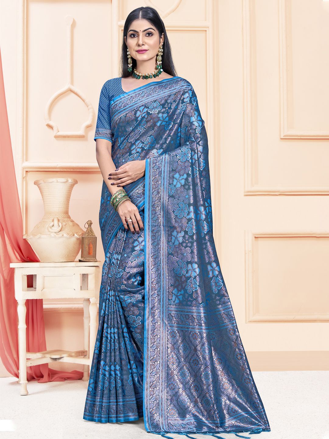 

Exclusiva Woven Design Satin Saree, Blue