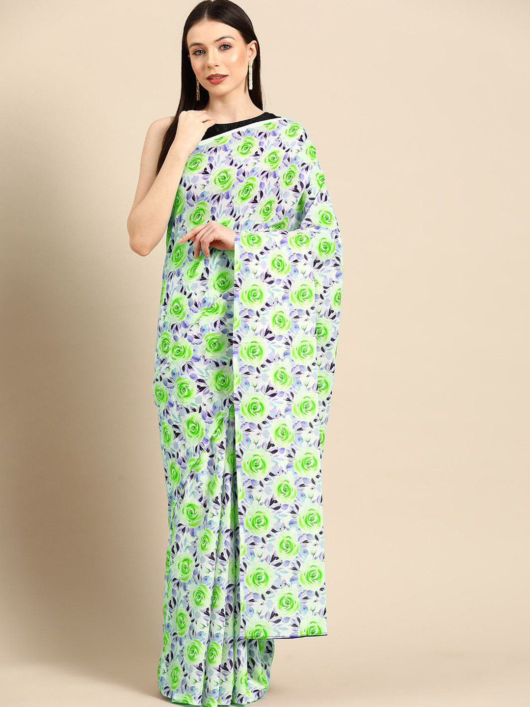 

BUTA BUTI Floral Printed Pure Cotton Saree, Green
