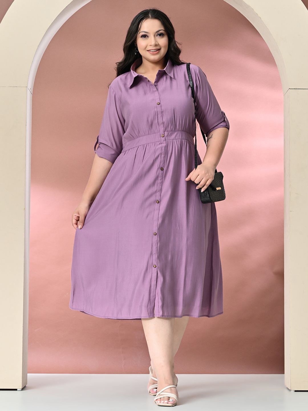 

PrettyPlus by Desinoor.com Plus Size Roll Up Dress Shirt Midi Dress, Lavender