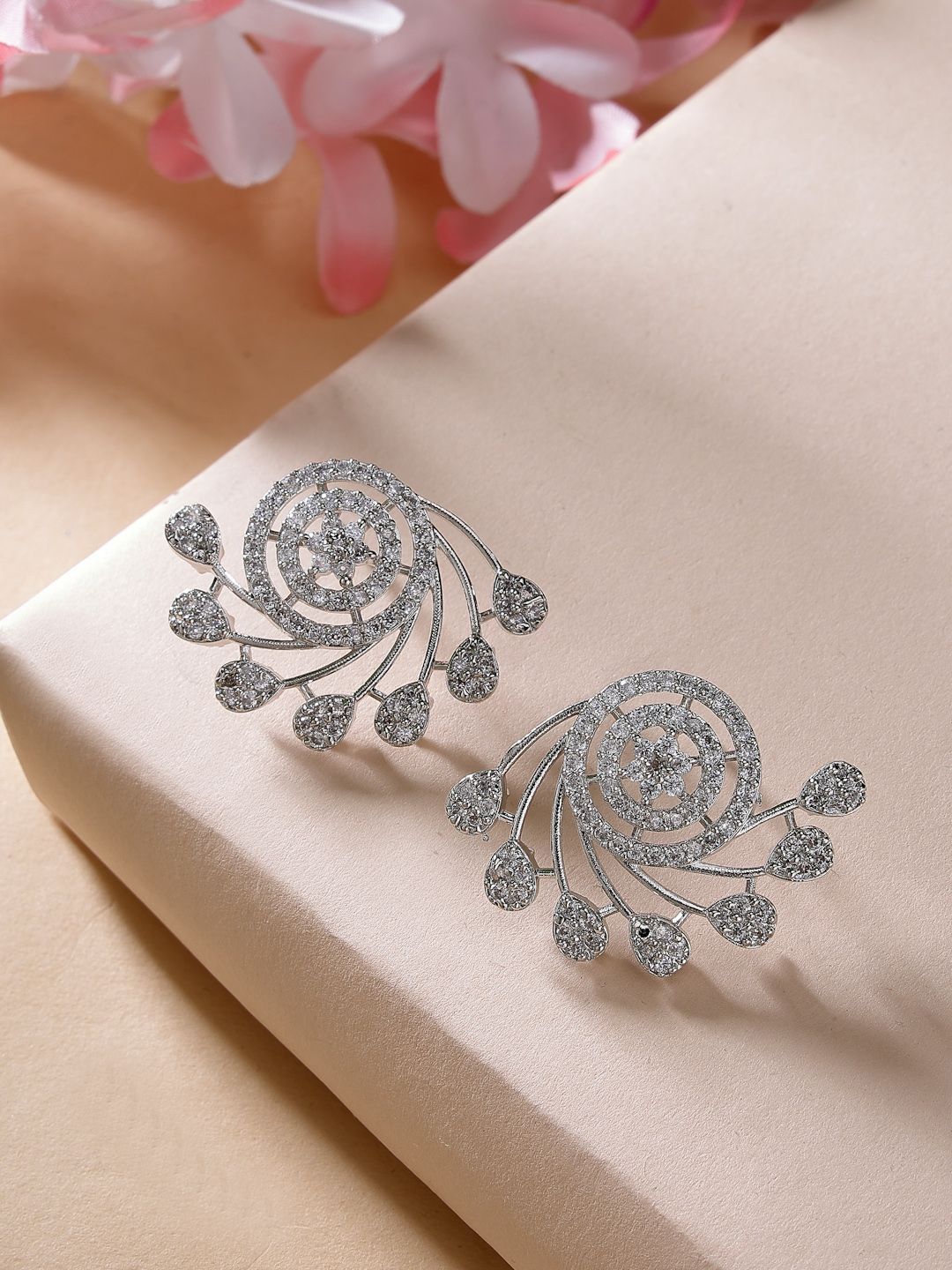 

ZENEME Rhodium-Plated Cubic Zirconia Studded Circular Studs, White