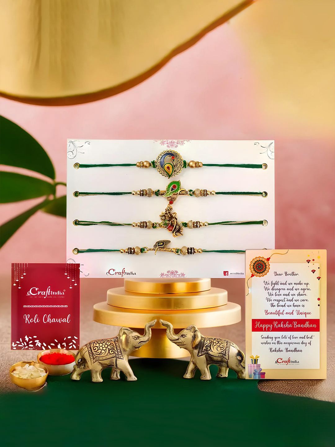 

eCraftIndia Set Of 6 Rakhis With Elephant Statue Gift Set, Gold
