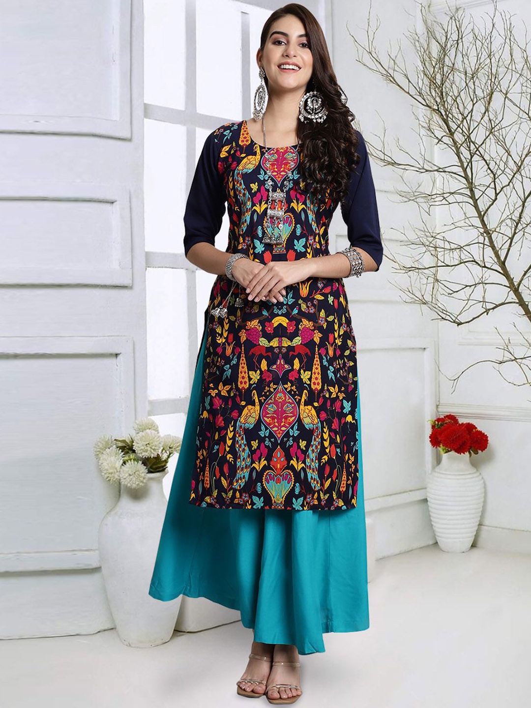 

7Threads Ethnic Motifs Printed Round Neck Three-Quarter Sleeves Straight Kurta, Navy blue
