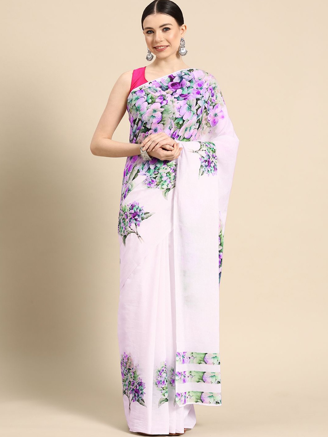 

BUTA BUTI Floral Pure Cotton Saree, Pink
