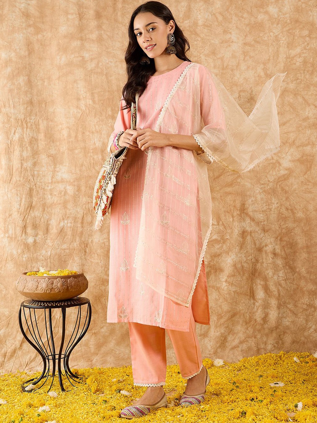

Indo Era Ethnic Motifs Embroidered Sequinned Straight Kurta With Trousers & Dupatta, Pink