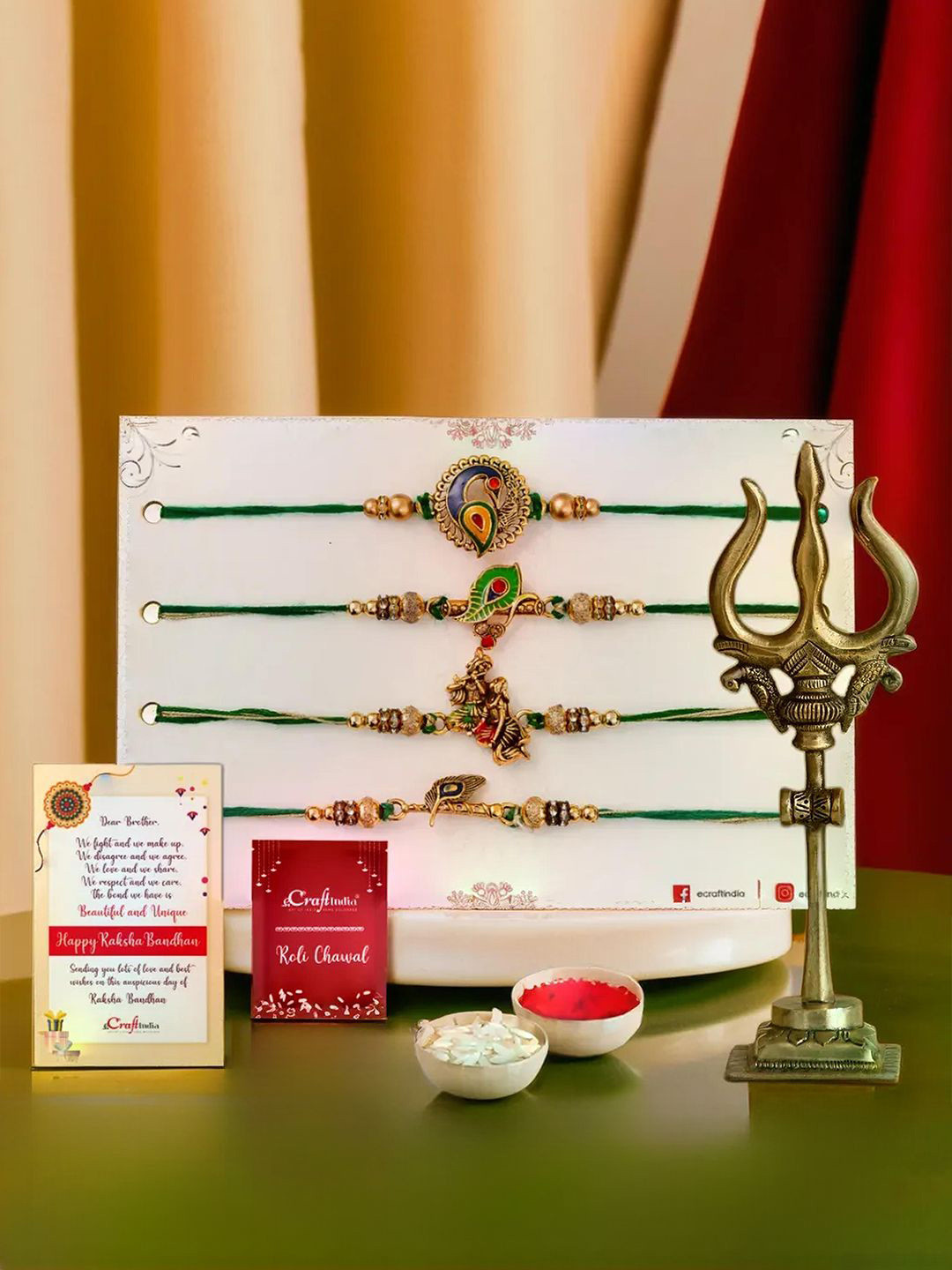 

eCraftIndia Set of 5 Beaded Rakhis With Trishul Damru Statue, Gold
