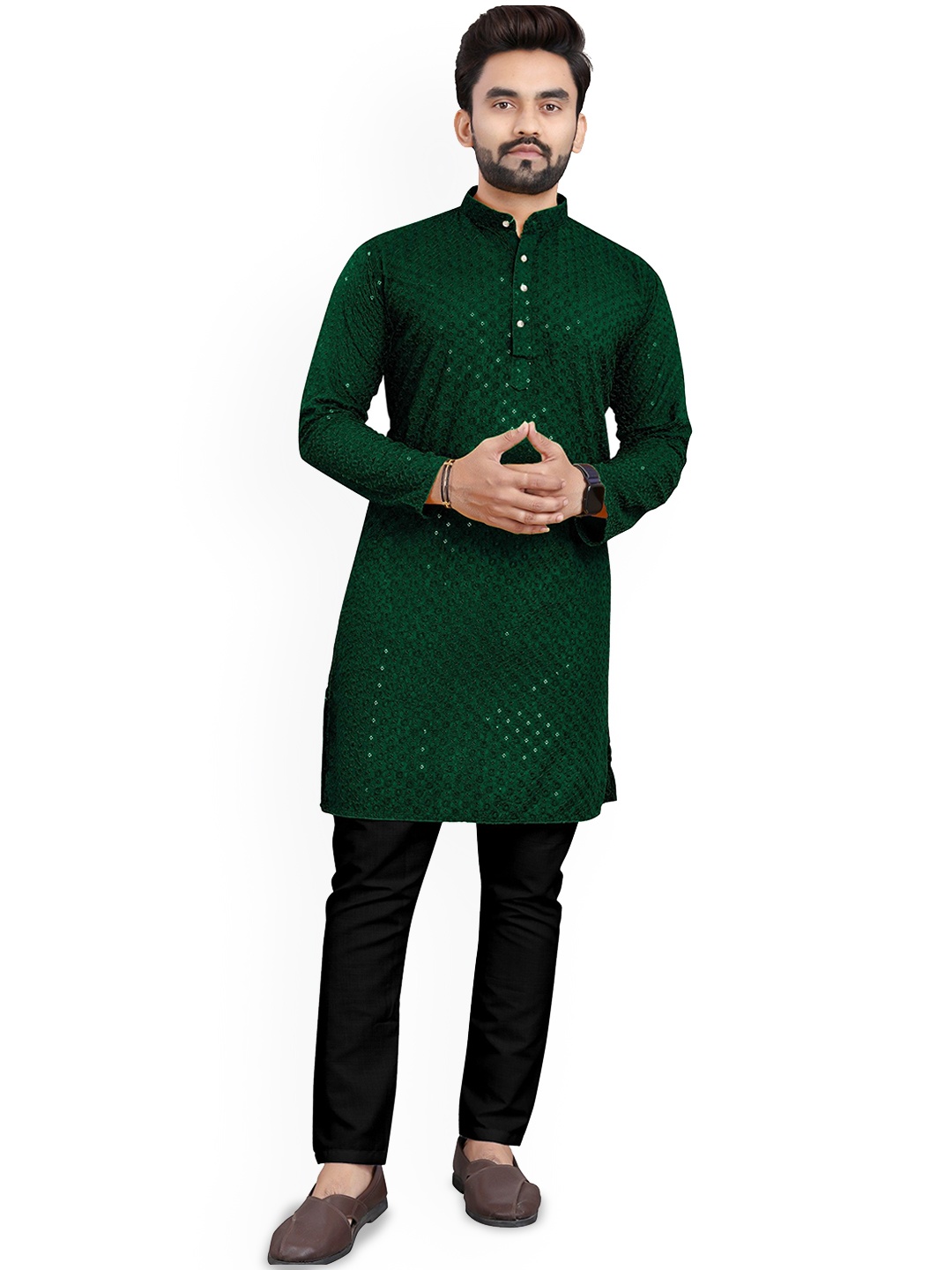 

trustous Floral Embroidered Mandarin Collar Regular Sequinned Kurta With Pyjama, Green