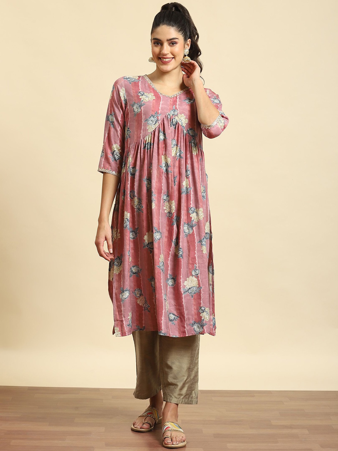 

Shree Floral Printed V Neck A Line Kurta, Pink
