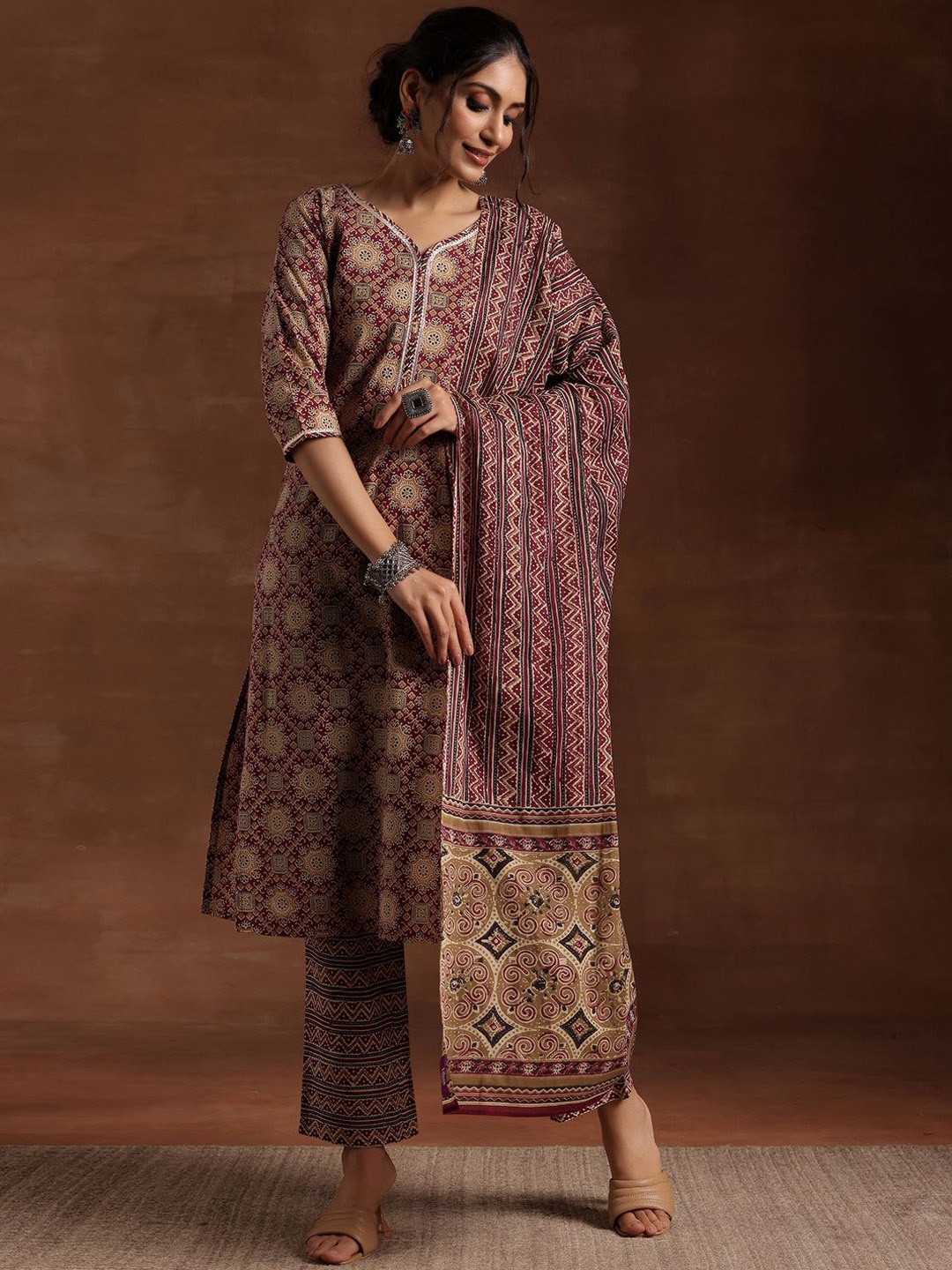 

Libas Printed Regular Gotta Patti Pure Cotton Straight Kurta with Trousers & Dupatta, Purple