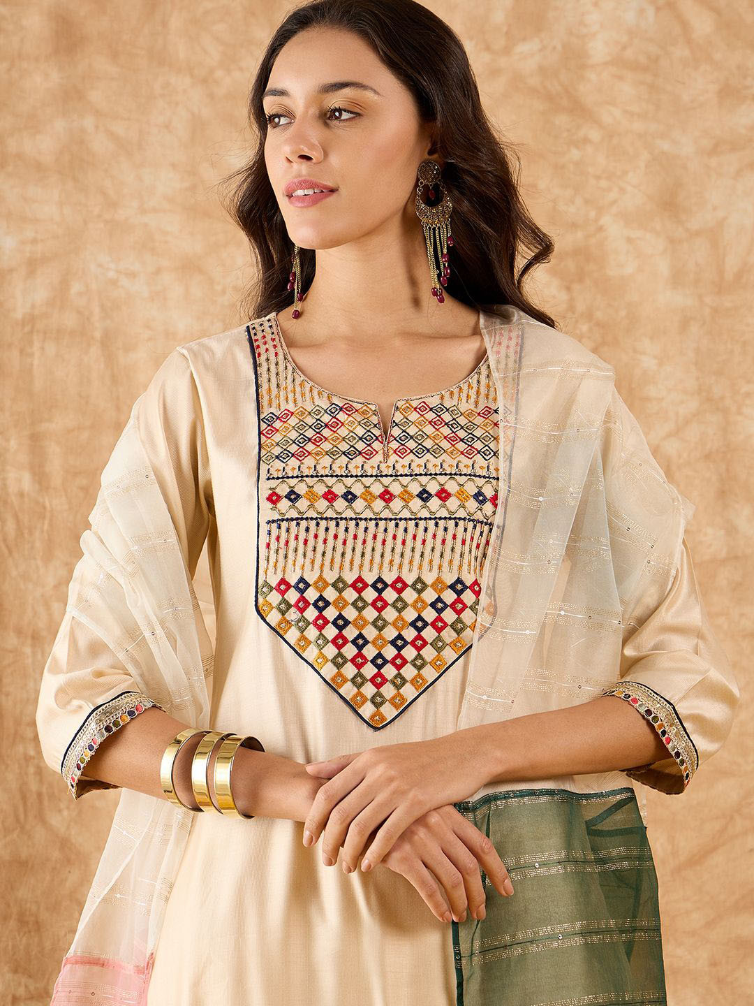

Indo Era Yoke Design Straight Thread Work Liva Kurta with Palazzos & Dupatta, Off white