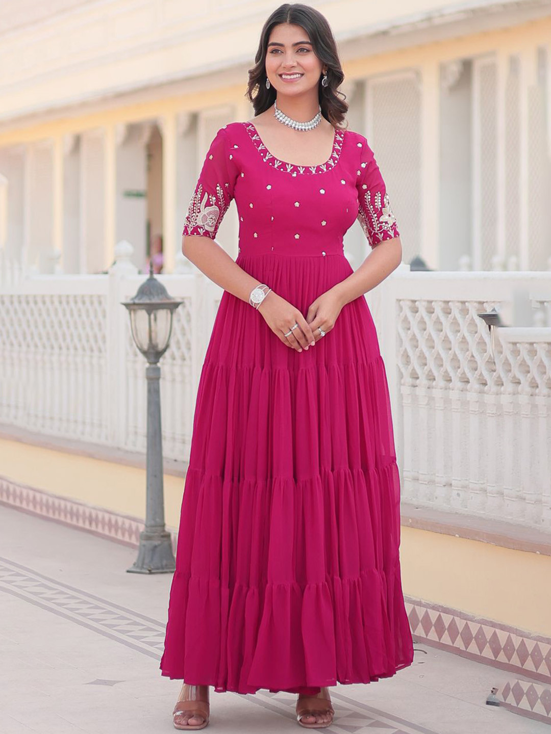 

KALINI Embroidered Flared Maxi Ethnic Dress, Pink