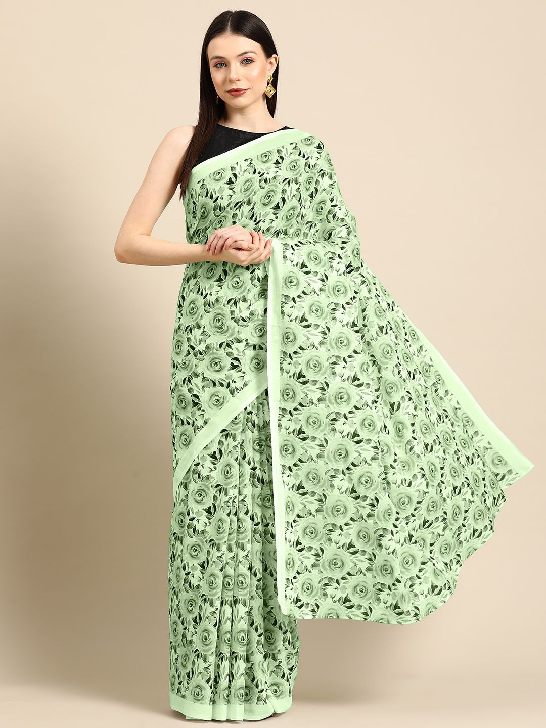 

BUTA BUTI Floral Pure Cotton Saree, Green