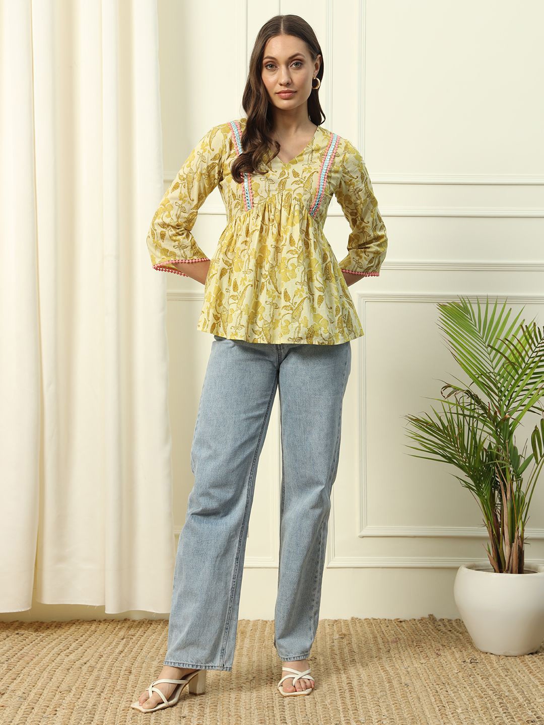 

FIORRA Women Floral Printed V-Neck Cotton Top, Green