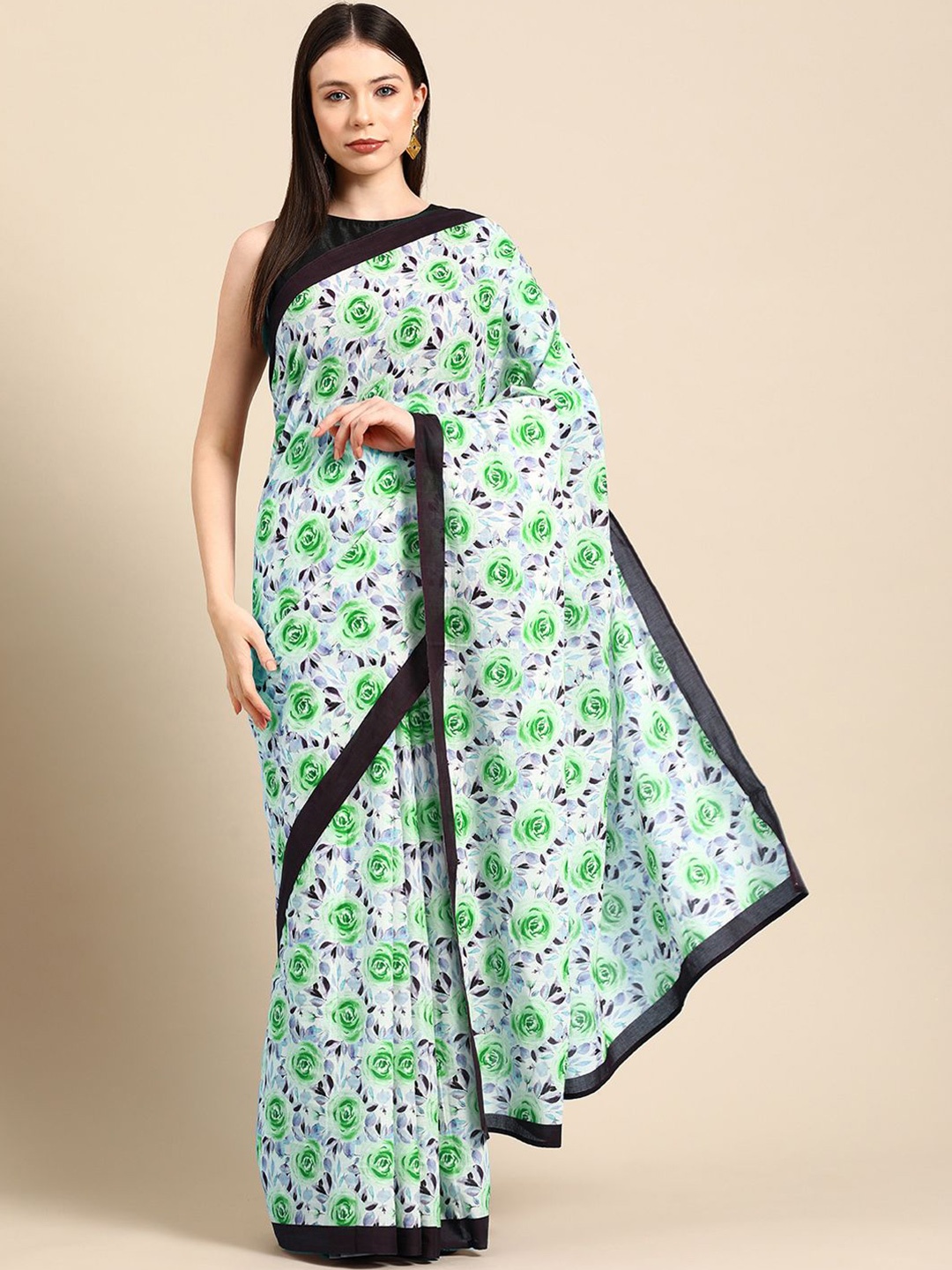 

BUTA BUTI Floral Pure Cotton Saree, Green