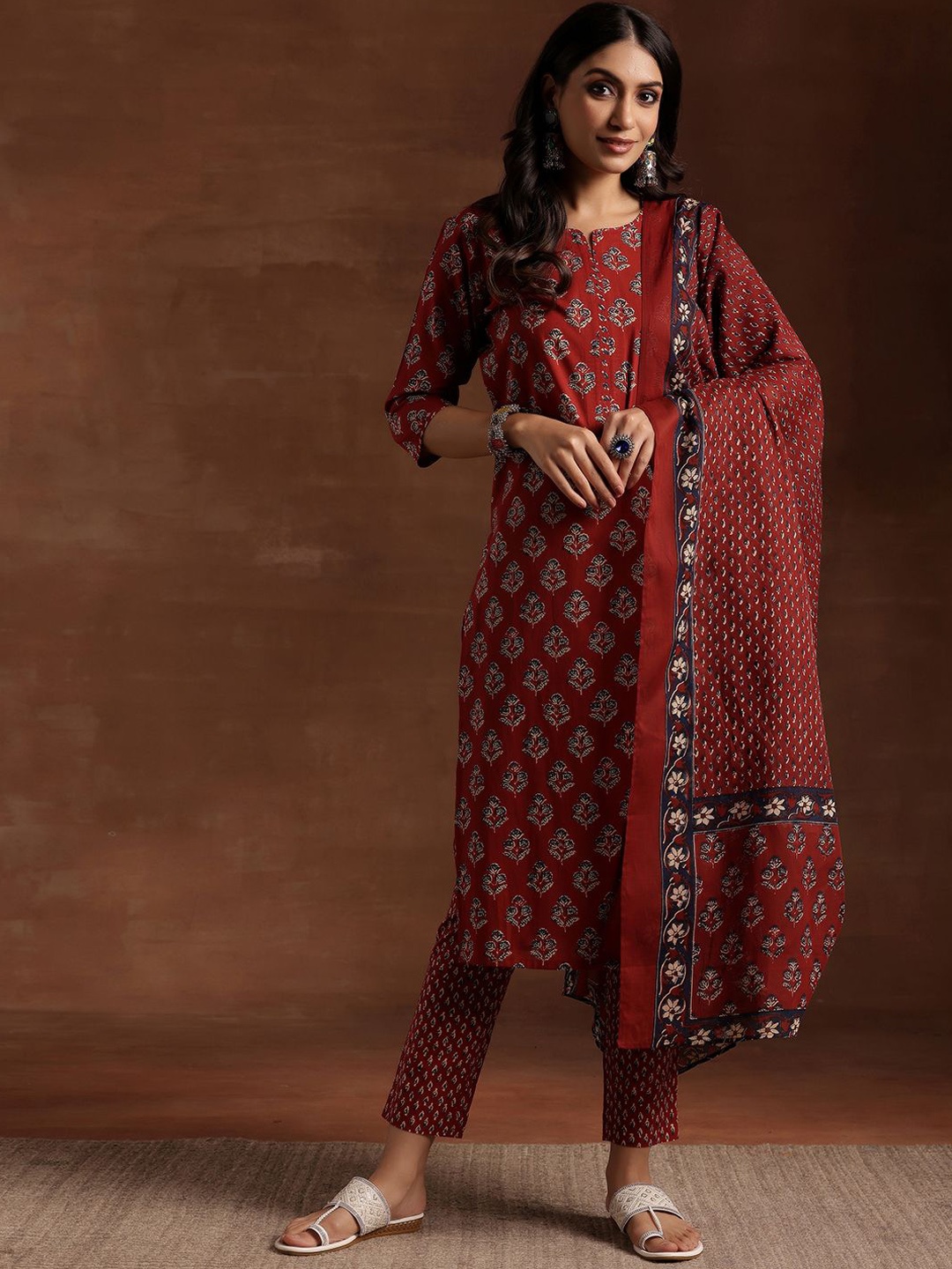 

Libas Floral Printed Pure Cotton Kurta With Trousers & Dupatta, Rust