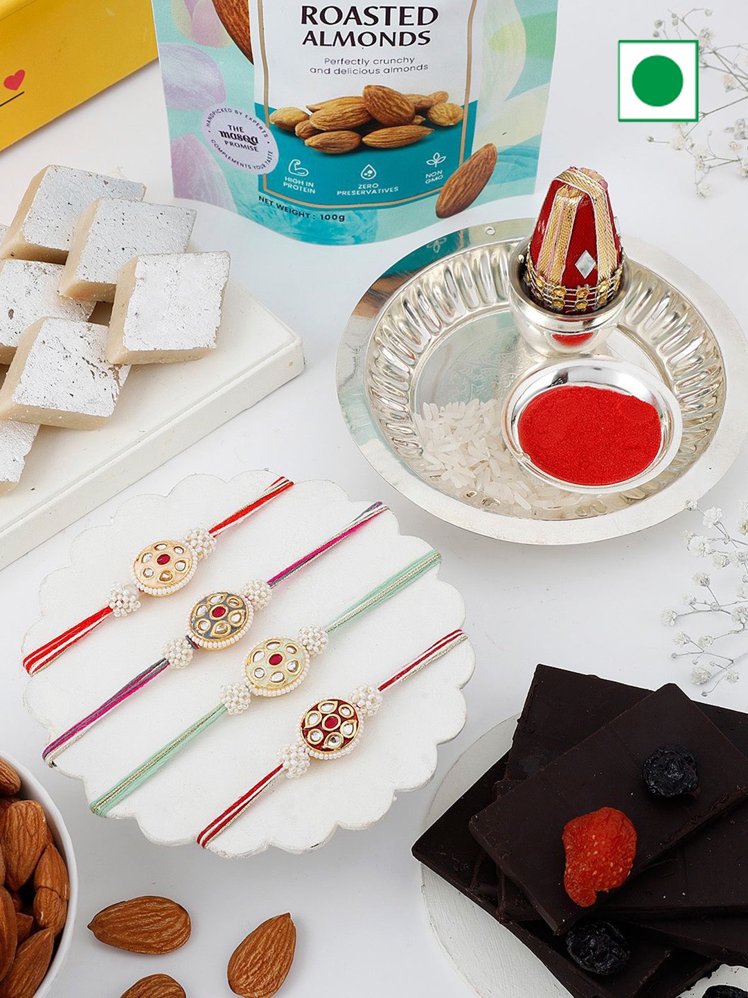 

IGP Set Of 4 Rakhi With Dry Fruits and Chocolate Gift Set, Gold