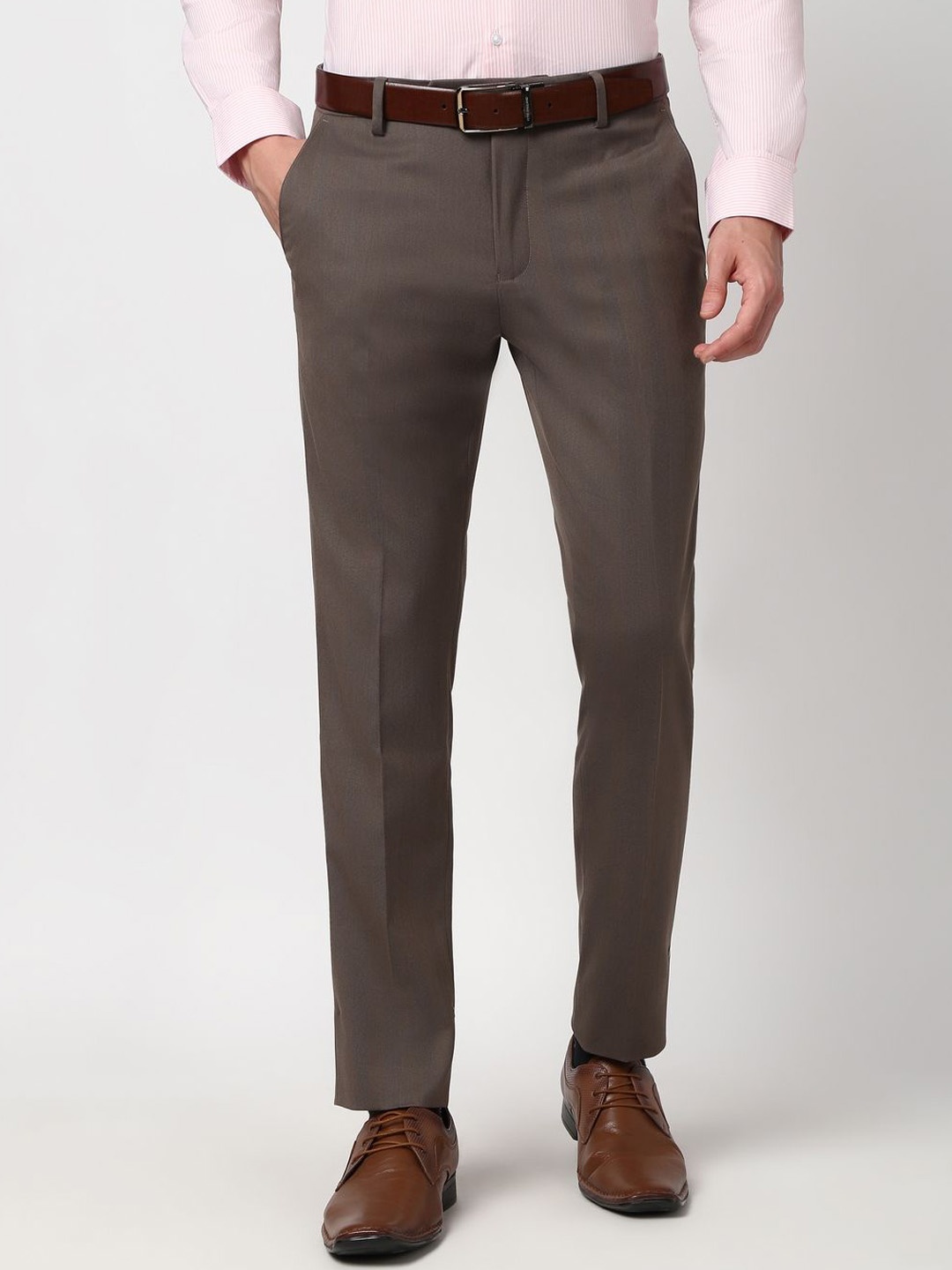 

Peter England Men Striped Slim Fit Trousers, Brown