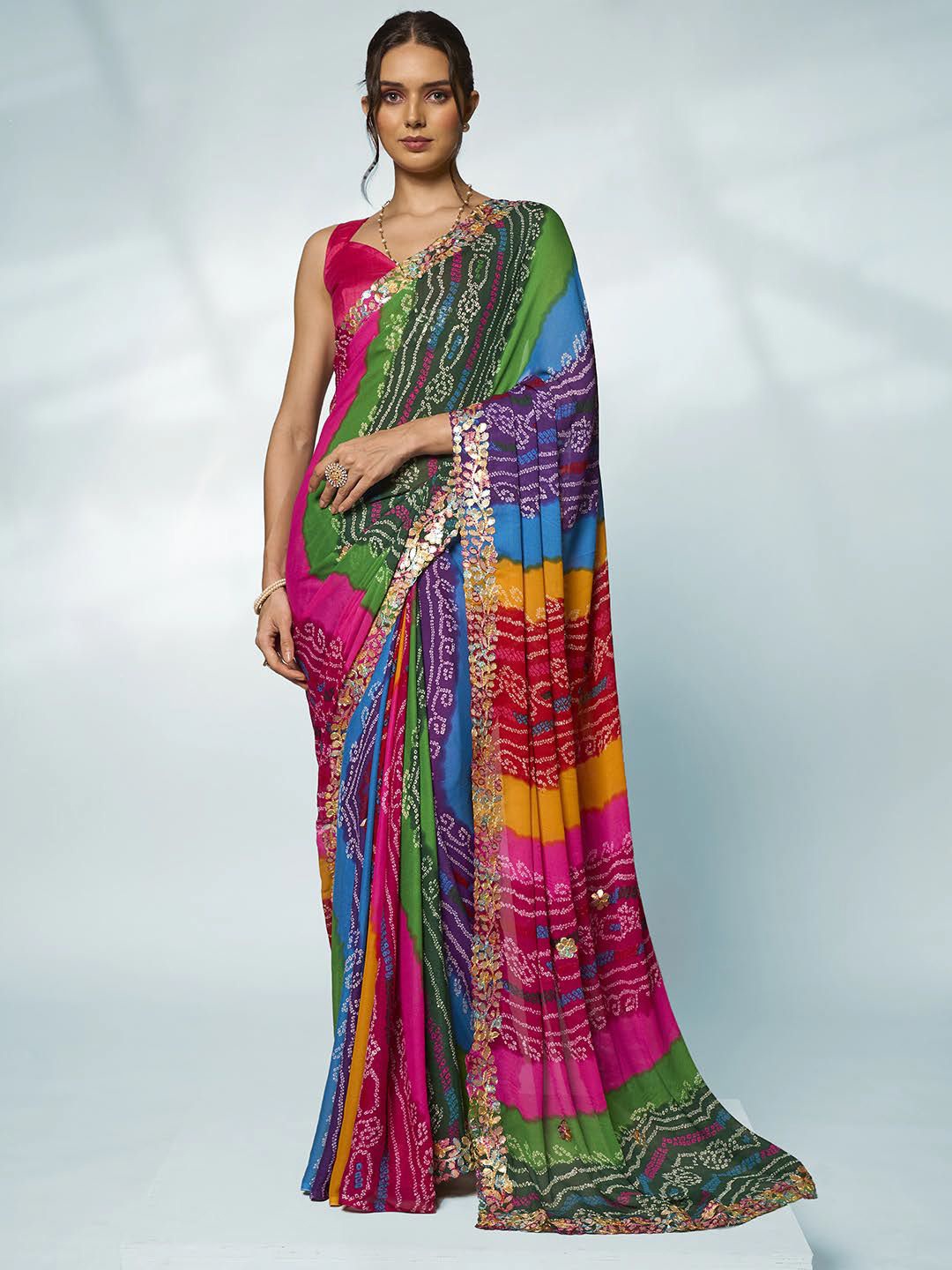 

Mitera Bandhani Embroidered Pure Georgette Bandhani Saree, Red