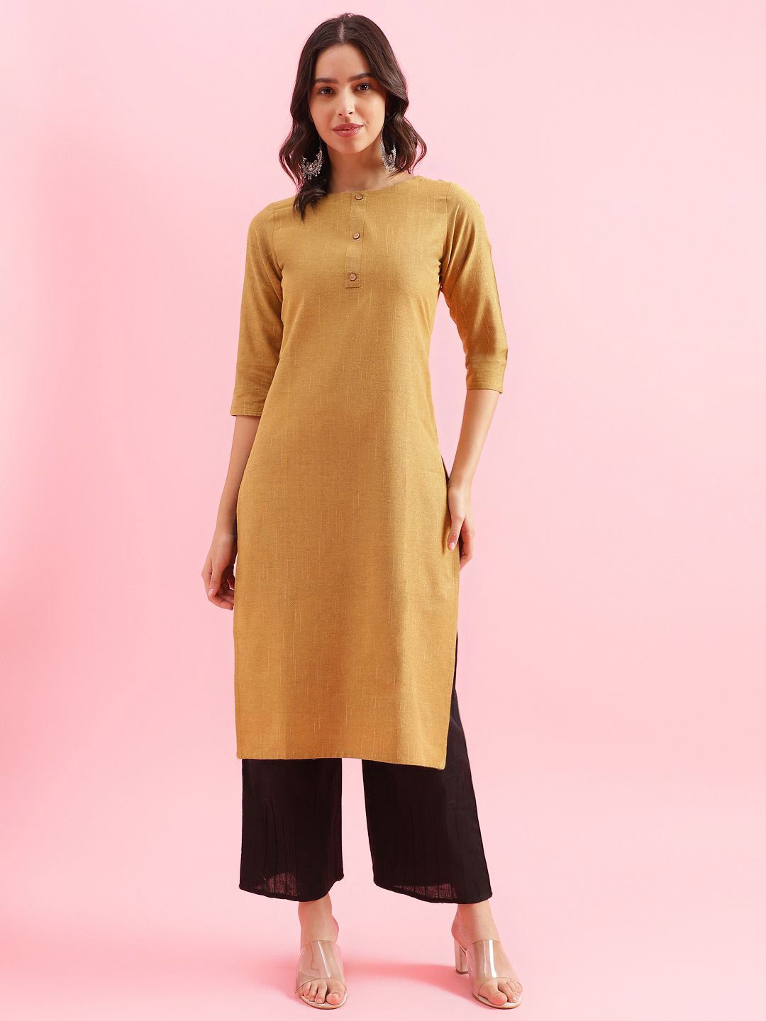 

Shaily Mustard Round Neck Three-Quarter Sleeves Cotton Straight Kurta