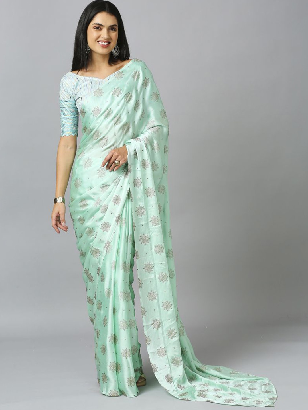 

ASISA Ethnic Motif Pure Chiffon Saree, Turquoise blue