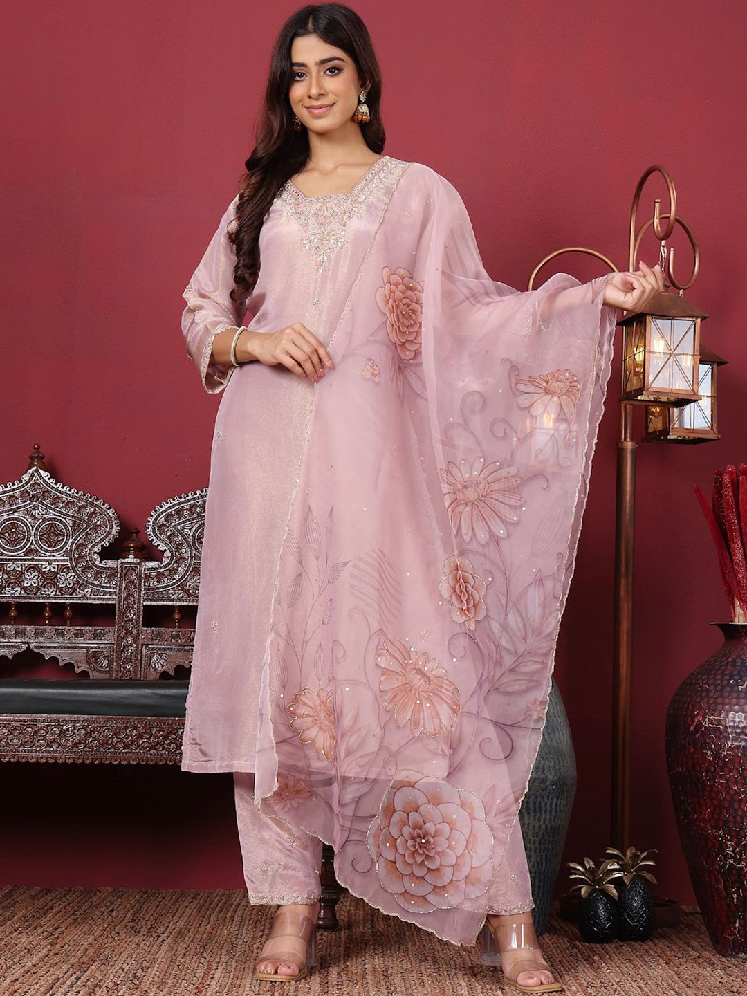 

Varanga Floral Embroidered Beads & Stones Pure Silk Straight Kurta with Trousers & Dupatta, Lavender