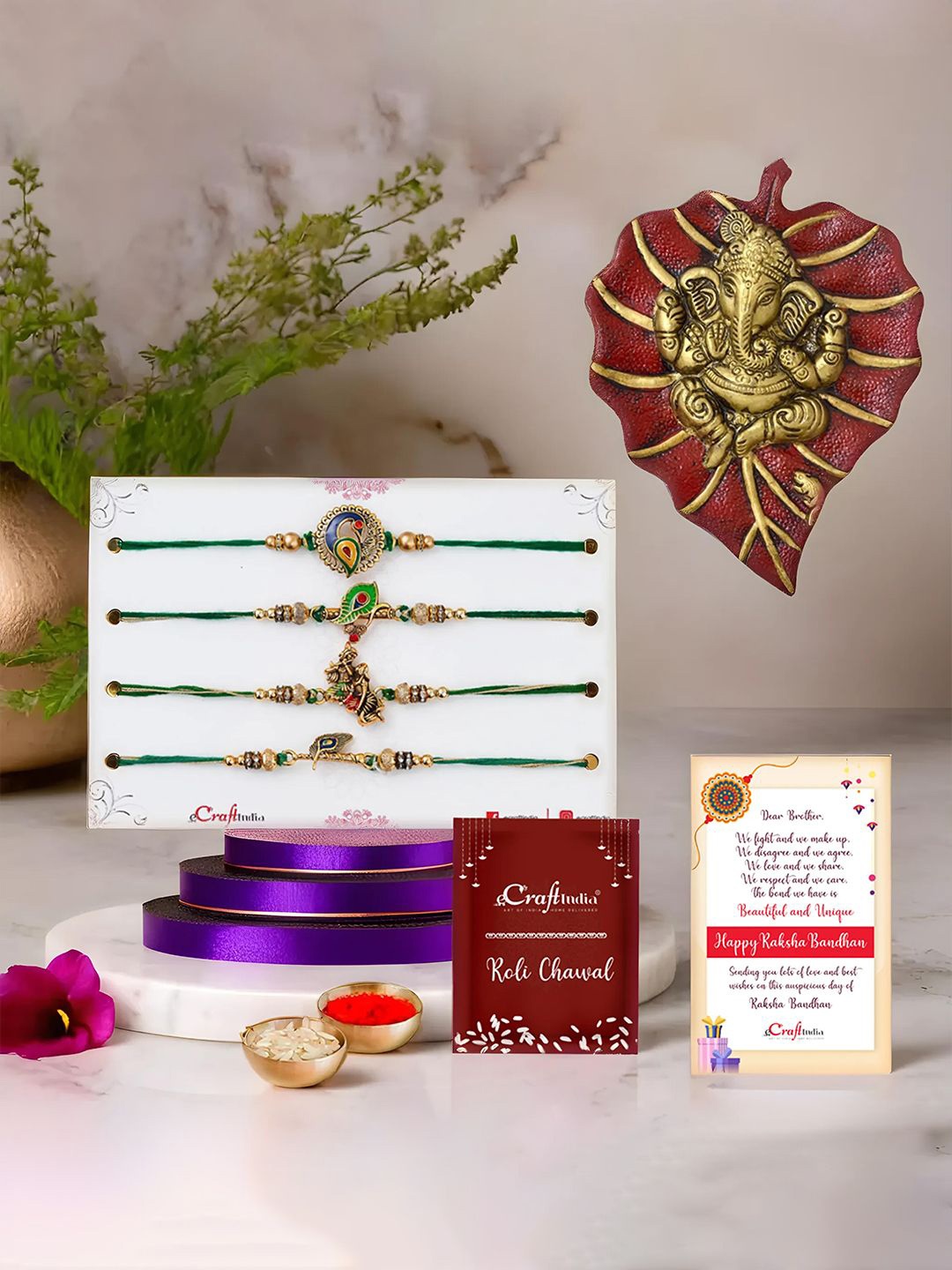 

eCraftIndia Set Of 4 Radha Krishna & Peacock Rakhis With Lord Ganesha Statue Showpiece, Gold