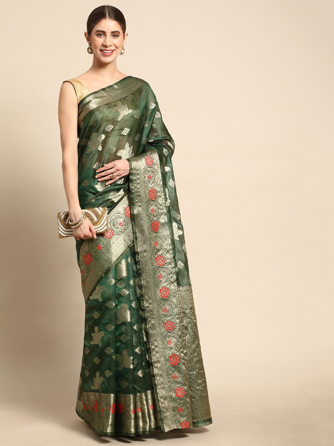 

KIMISHA Woven Design Zari Kanjeevaram Saree, Green