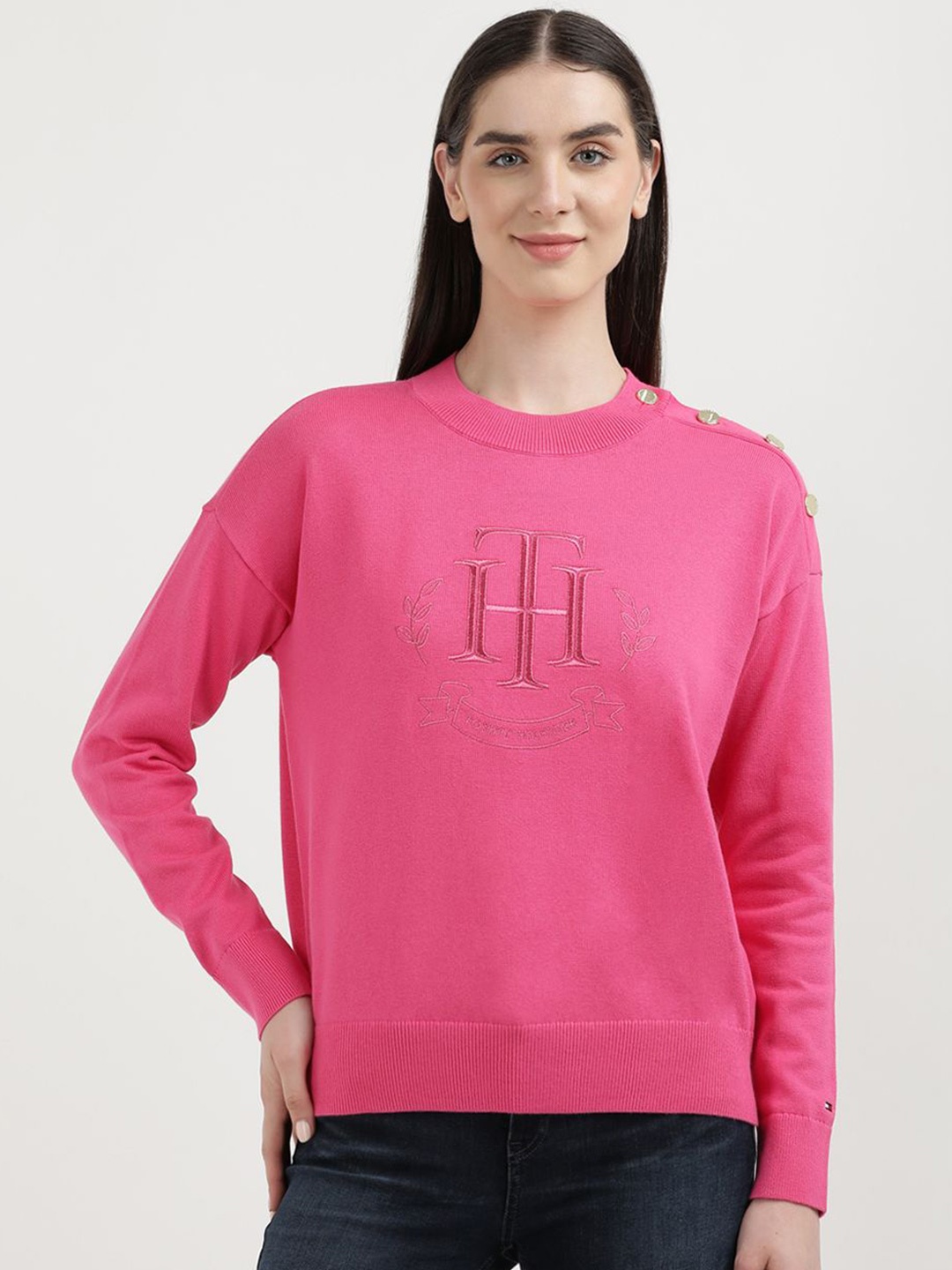 

Tommy Hilfiger Women Embroidered Graphic Printed Round Neck Sweatshirt, Pink