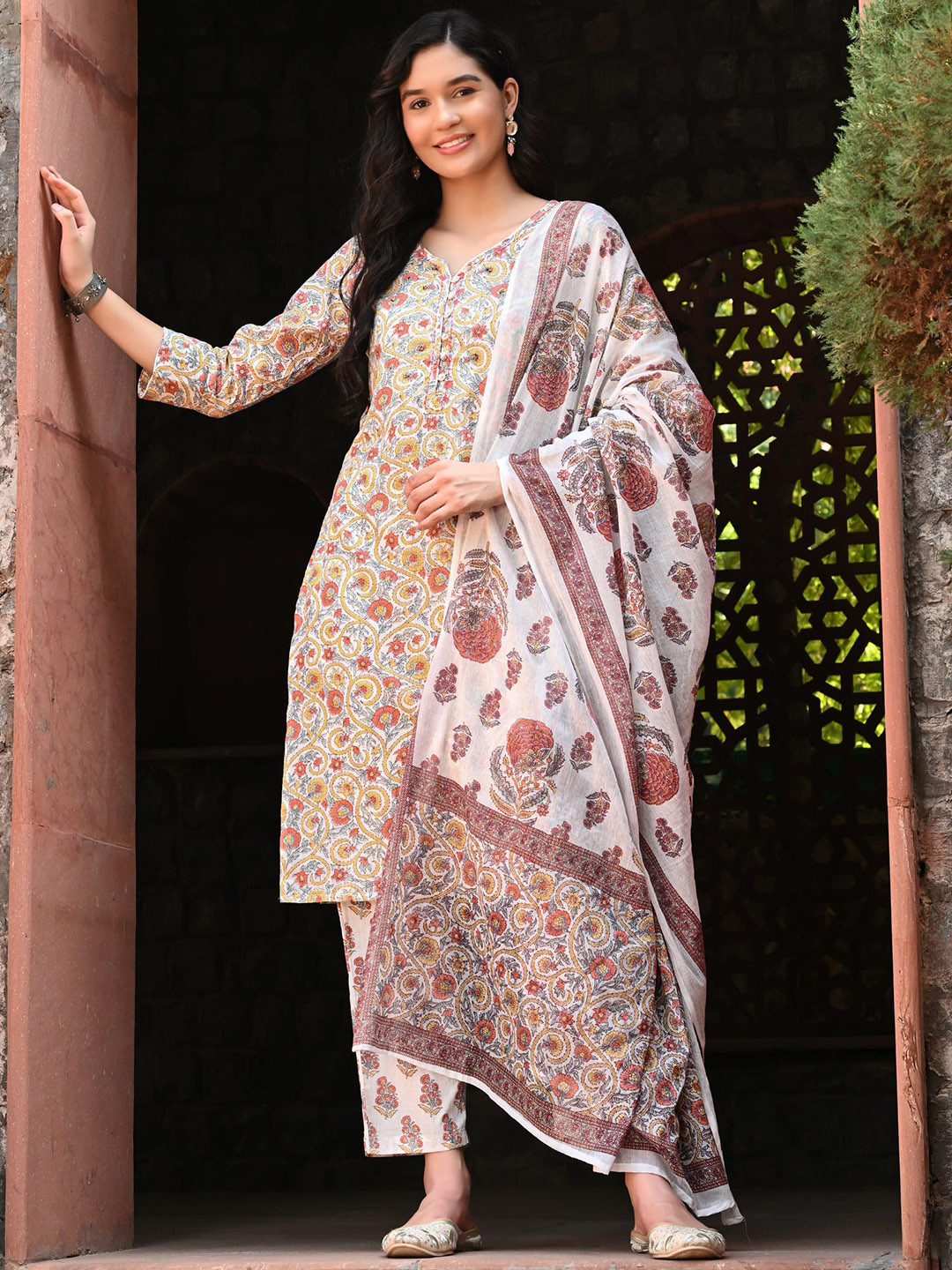 

DECKEDUP Floral Printed Pure Cotton Straight Kurta With Trouser & Dupatta, White