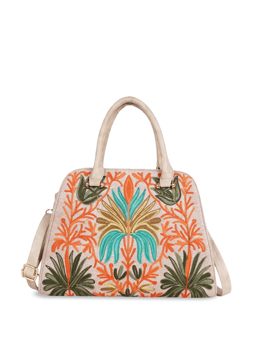 

YOYOWING Colourblocked Satchel with Cut Work, Beige